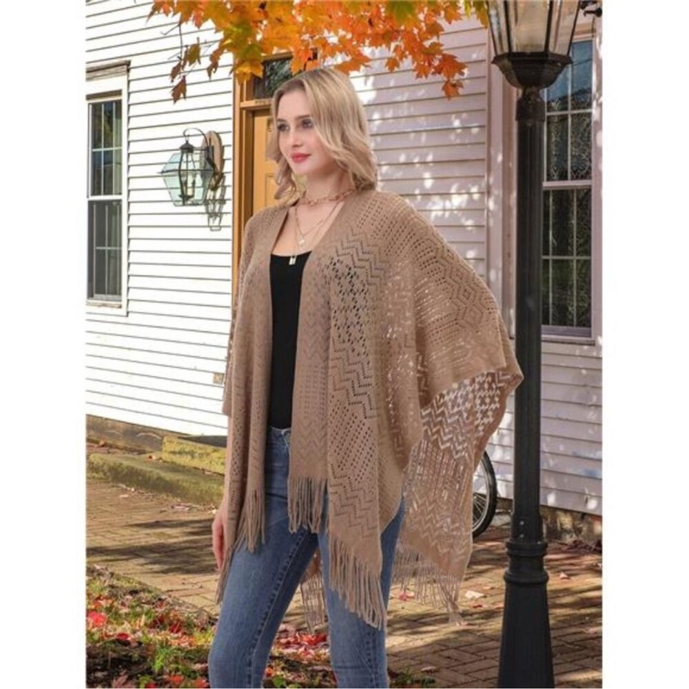 Knit Shawl Wrap - Fringe Poncho Cardigan Cape Brown - Picture 3 of 8